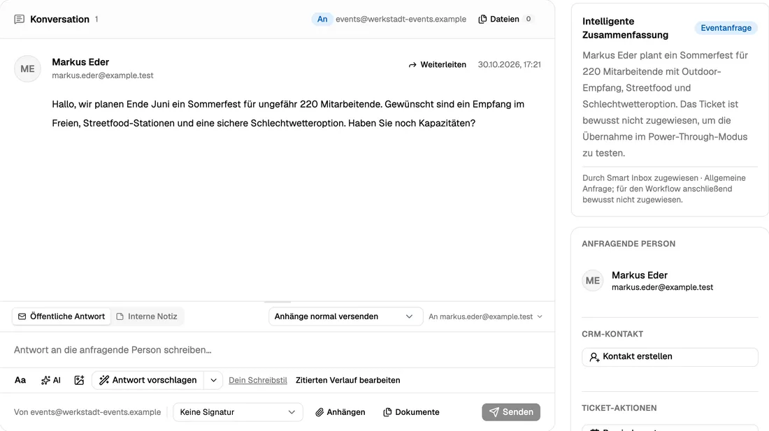 Ticket mit Zusammenfassung der Anfrage, Antwortbereich und Kontakt
